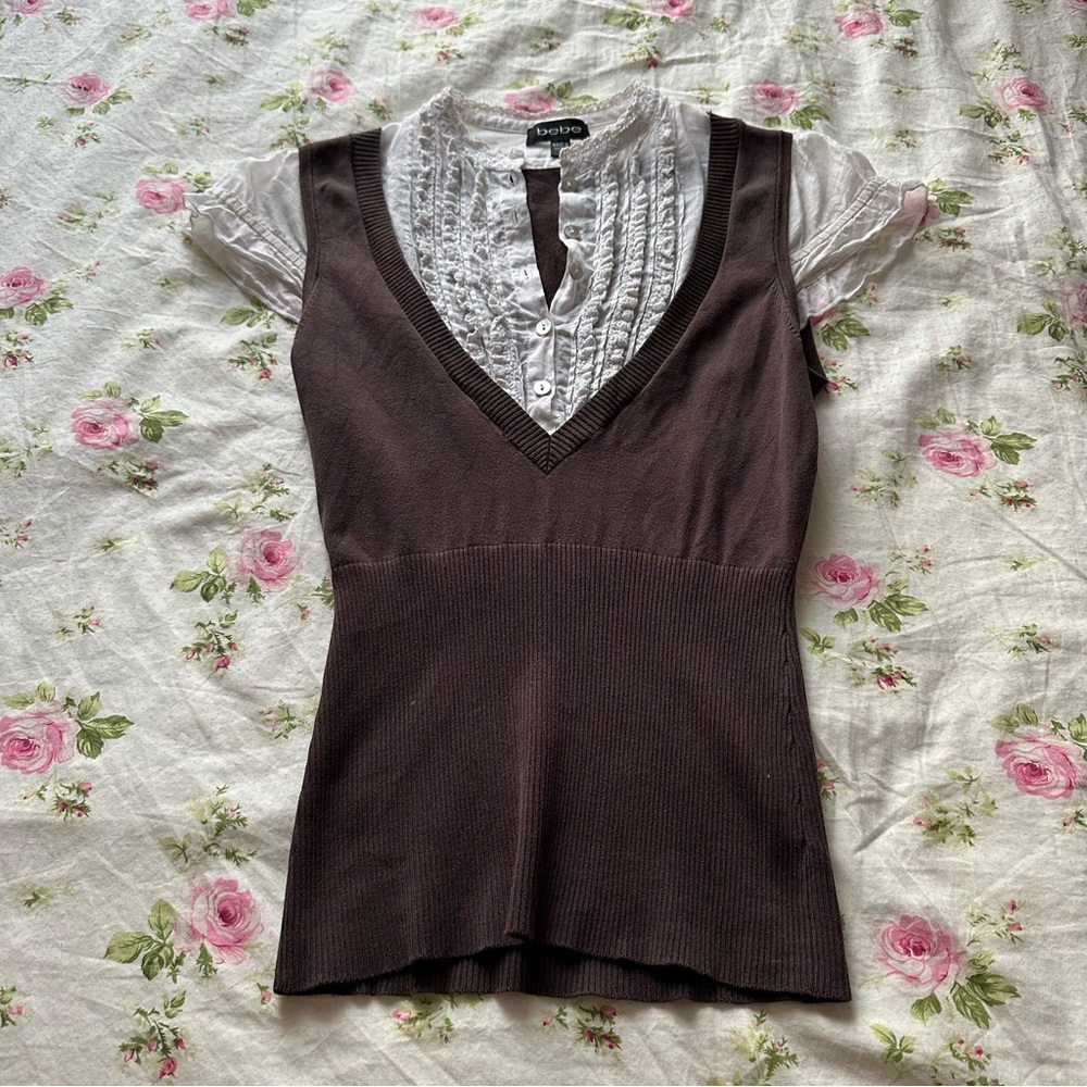 RARE BEBE BROWN COLLARED TOP!!!